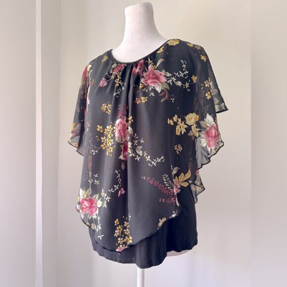 Naïf Black Floral Print Sheer Overlay Blouse w/ Built-In Tank Top - Picture 2 of 6
